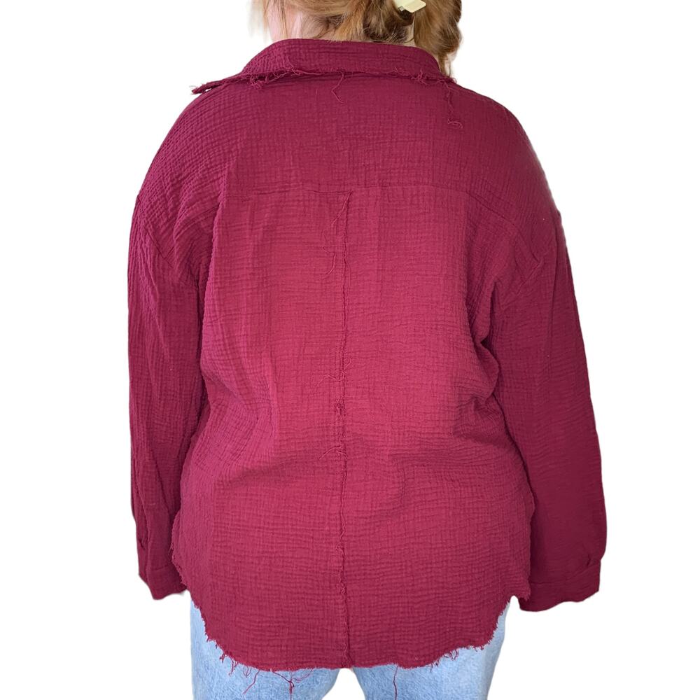 Maroon Red Muslin Distressed Slouchy Button Up Top Plus - Picture 2 of 5